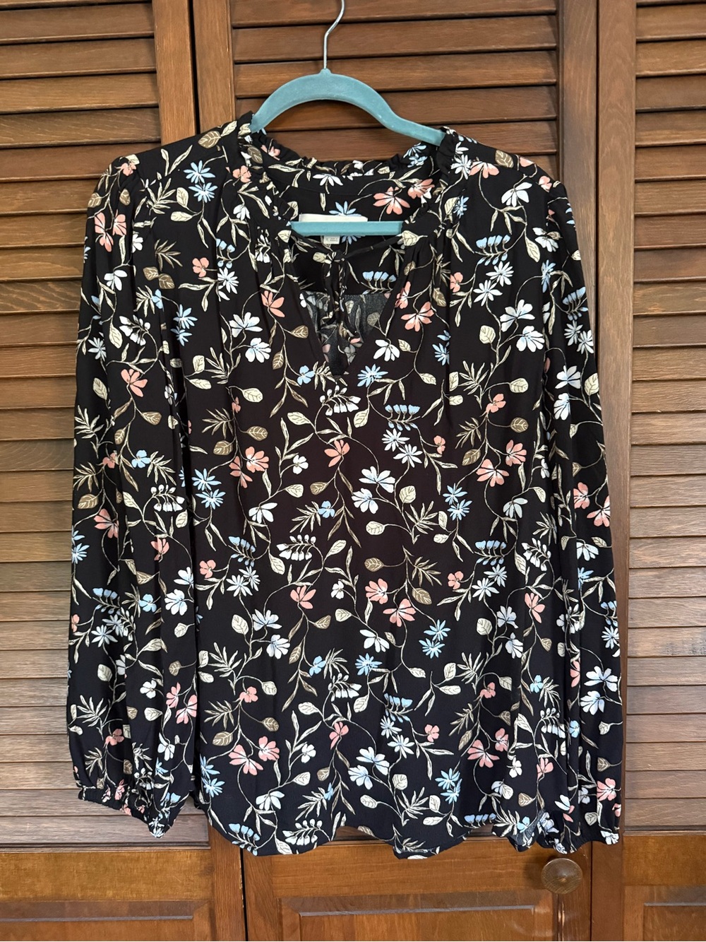 LOFT Black Floral Tie-Neck Long Sleeve Blouse